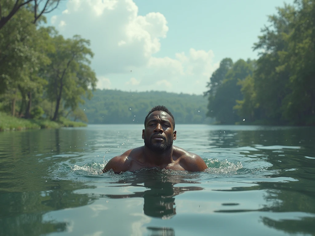 A fit handsome naked and muscular black man, bodybuilder physique, blue swim briefs, a diver swimming in a vibrant underwater setting, full body image, seen from above