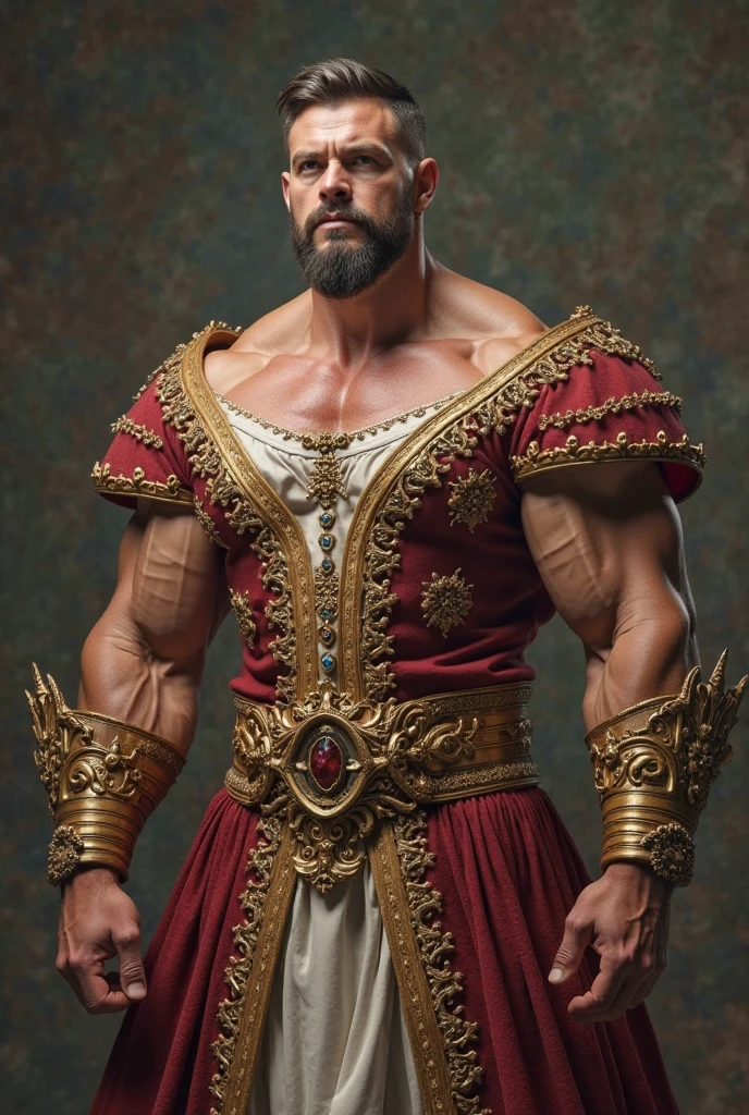 Huge muscular handsome young man in a thight royality guard uniform with oversized unhuman muscles with long hair and a gotie