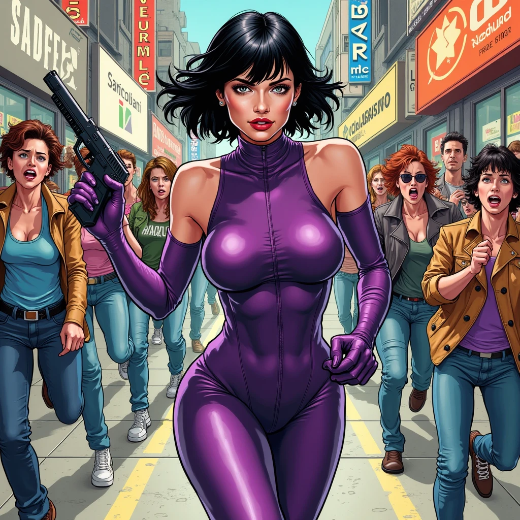create a marvel inspired poster of a girl with olive skin with short black 1920’s wavy pixie hair with light brown eyes with Asian shaped eyes with cat eyeliner and purple lipstick wearing dark purple midi bodycon dress with butterfly tattoo on right arm clutching holy bible. The marvel movie poster should be marvel inspired city scape