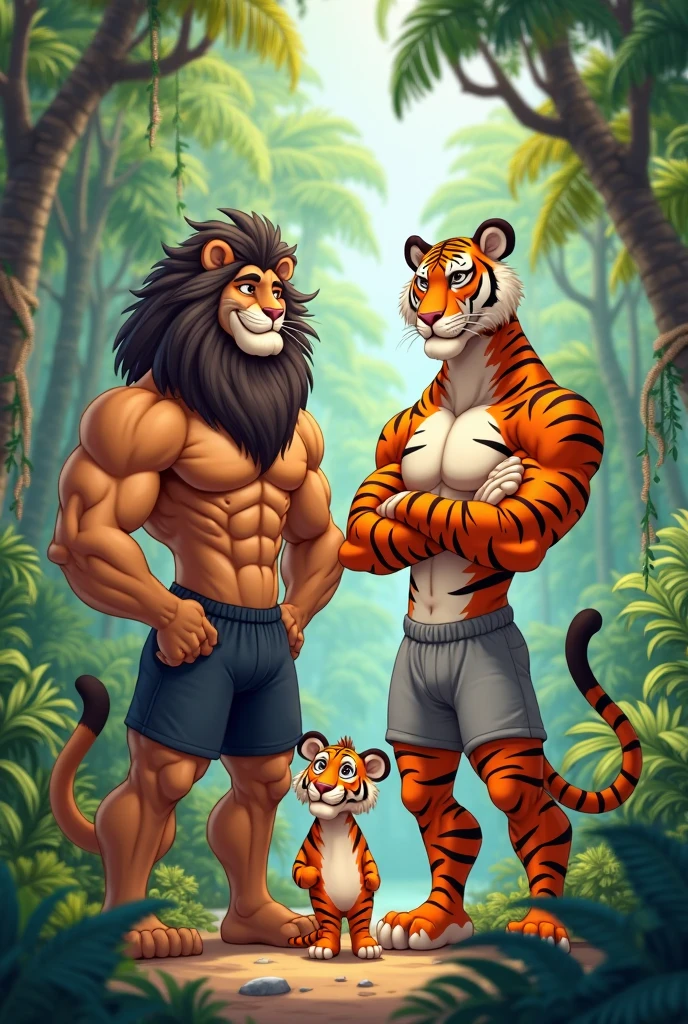 [a lion and a lioness], [Uploaded to e621.net; (raaz), (vksuika), (riska), (dr nowak)], ((masterpiece)), ((HD)), ((anthro)), ((detailed fur)), ((detailed shading)), ((beautiful render art))], 
BREAK 
[{furry male lion; yellow fur, (neck tuft), (red mane), (abs), (black briefs), (big bulge), (topless), (hands on hips)}], 
BREAK 
[{furry female lioness; yellow fur, (hands on hips), (blush), (wide hips), (big breasts), (black bikini), (seductive eyes), (nipple outline), (pussy outline), (big butt), (bald)}], 
BREAK 
[{(sexy pose), (duo), (male/female), ((front view)}], [background; (forest)]