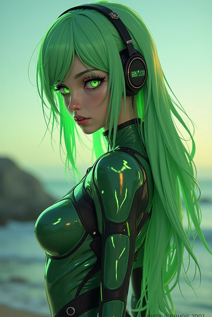 1 sexy girl, long green hair, in panties and tank top, listening to music with headphones in her room, medium breasts, holds her breasts with her hands, shows her breasts, smile, full body, sitting, mountains in the distance, light particles, (depth of field, cinematic angle, cinematic lighting: 1.2), (masterpiece: 1.2), (best quality: 1.2), (highly aesthetic: 1.2), (absurdity: 1.2 ), (detailed background), newest and intricate details (best quality, 4k, 8k, high resolution, masterpiece: 1.2), ultra detailed, (realistic, photorealistic, photorealistic: 1.37), intricate details, vivid colors, beautiful atmosphere artwork by Dave McKean, dark ethereal background, detailed eyes, dreamy, detailed eyes, fantasy elements, soft lighting, soft lighting, shadow play, surreal oil splash, texture, tones composition, woman, art inspired by Bill Sienkiewicz and Dave McKean