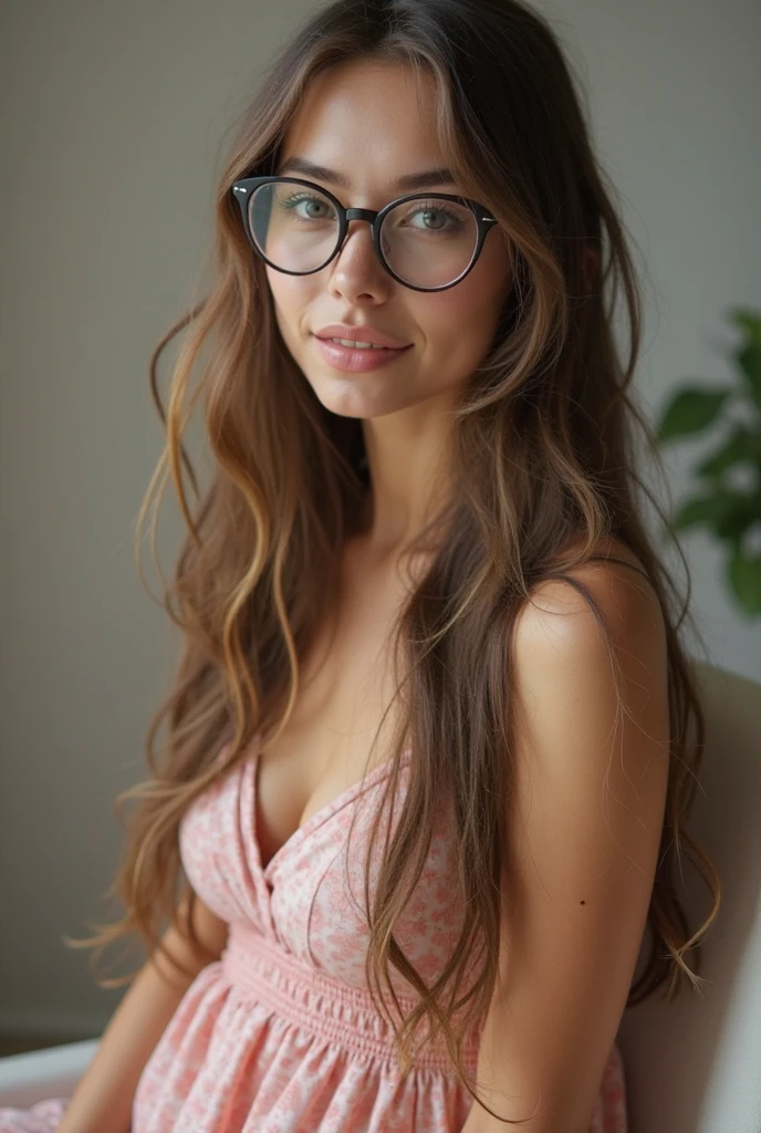 A very beautiful woman with long, silky chestnut hair, captivating natural green and brown eyes, and full but not overly large lips. She is wearing stylish round brown eyeglasses with thick frames. The photo is cropped below her bust. She has a graceful and serene expression, and her hair falls gently around her shoulders. The background is simple and neutral to highlight her features