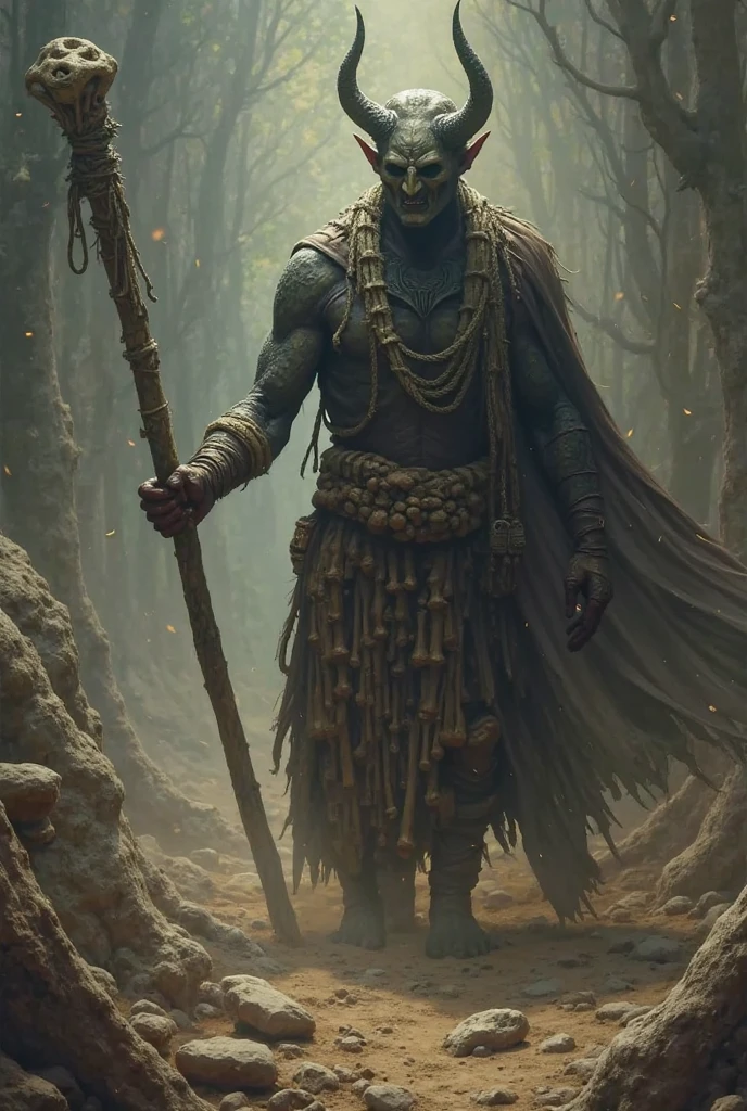 Tall man, stark, middle-age, CURVED BODY, with mud on the body, with a dark cape covering the head, with an animal leg