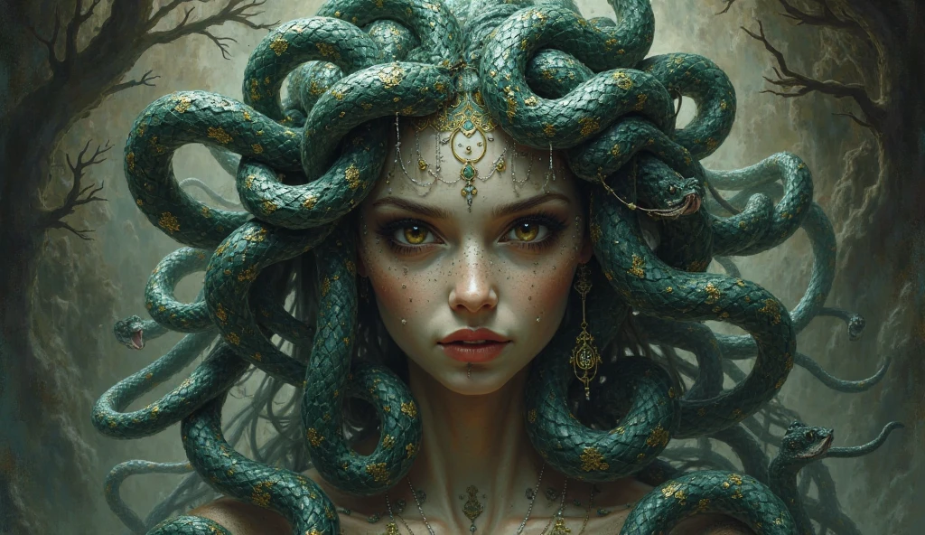 ((best quality)), ((masterpiece)), ((realistic)), Medusa, full body, the hair is composed of countless small snakes, green eyes, female face, metal carved top, royal aura, trend on artstation , sharp focus, studio photo, intricate detail, very detailed, detailed eye, illustration, very detailed, sharp focus, digital render, professional, 4k