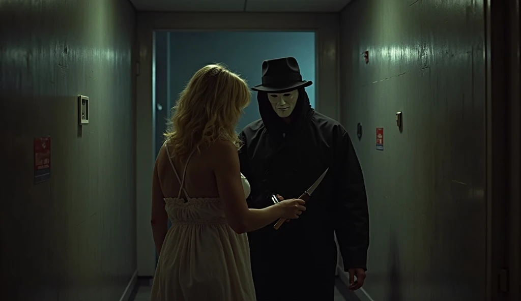 (photorealism:1.2), A man with a mask walks up the stairs, He pulls a sexy brown hair woman with high pigtails on a leash as she walks on all fours 