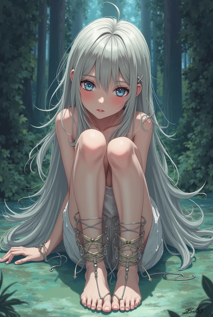 Elf Girl、8-year-old、Medium-long silver hair、Silver Eyes、Completely naked、Seductive expression、whole body、