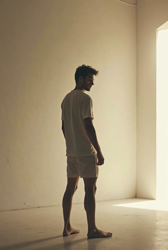 Man standing to wall, body and face forward black background,
