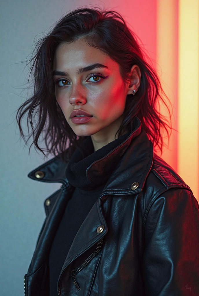Cute Caucasian girl wearing a black leather jacket topless