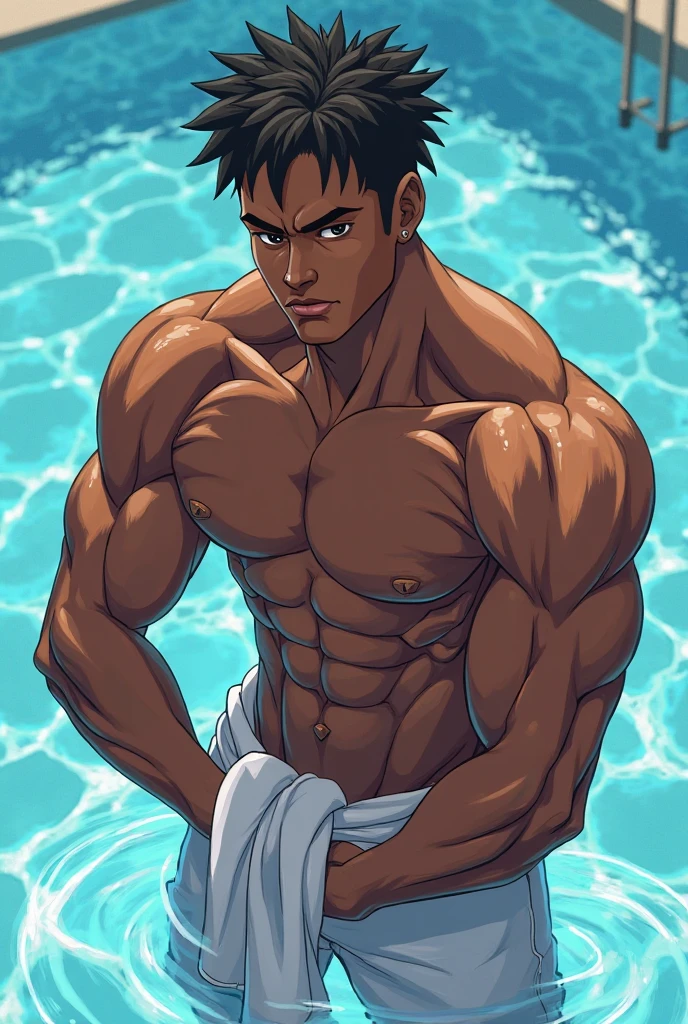 anime art: a 20-year-old black guy with dark fadeout hair, wearing blue speedos, big bulge, sat down on the edge of the pool