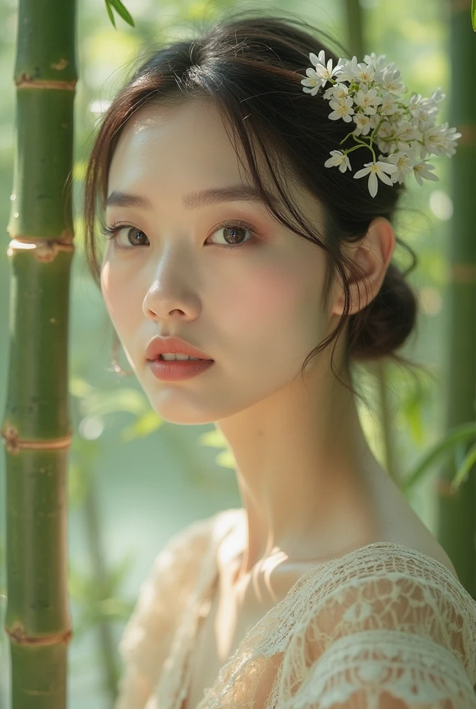 RAW photos, highest quality), (realistic, photorealistic: 1.3), highest quality, masterpiece, very delicate and beautiful, highly detailed, CG, unity, 2K wallpaper, wonderful, beautiful to detail, masterpiece, light smile, highest quality, highly detailed CG Unity 8k wallpaper, selfie photo, big tits, surrounded by the tree sakura, wears jumpsuit colour green tea batik suit