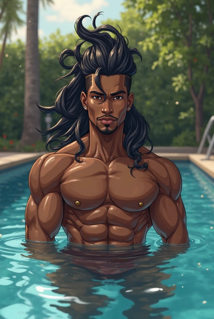 Image of a sexy inky black African man showing his big butt, dirty smile, strong defenders, big arms, strong neck, big brown eyes, big ebony lips, curly afro hair, hairy chest with an emerald pendant, wet skin, black like dark ink, whole body, naked with his penis erect, taking a bath in a crystal lake, tom of finland art, Gaston Bussiere, alphonse much, William-Adolphe Bouguereau, , Magic the meeting