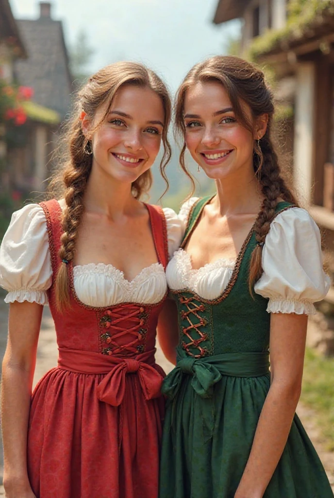 (masterpiece, best quality:1.5), highest quality, High resolution, super detailed, Realists, Upper body photo of a 22-year-old brunette woman, detailed and beautiful eyes, beautiful detailed lips, very detailed eyes and face, longeyelashes, A 22-year-old woman in a beautiful, short, shimmering satin dirndl, Details in the dress fabric, Beautiful and colorful makeup, elegant and noble々Pose, hairband, ponytail hairstyle, Munich as a backdrop, bright daylight, bright colors, fine brushstrokes, Portrait style, beautiful color palette, glowing skin, First-class rendering, that captures every detail, enchanting atmosphere, (perfect anatomy:1.2), (The two stunning women wear a beautiful short dirndl with stockings.. smiling in love and full of joy at the festival, nice legs. They walk hand in hand down the street. Beautiful shoes (magnificent panorama view:1.2)