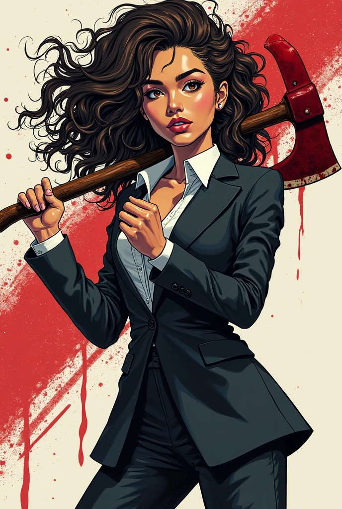 A milf teacher holding a sword covered in blood. she is laughing. she is made in 2d like an anime character