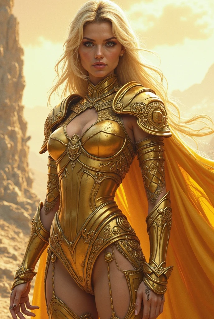 BOMBSHELL BLONDE VALKYRIE STAND UP ON A ROCK, HIGH MOUNTAINS, BEAUTIFUL PALE WOMAN, VERY PALE SKIN, LIGHT GRAY EYES, HIGH CHEEKBONES, ROSY CHEEKS, MENTAL FORAMEN, HUGE LONG BLONDE HAIR, DOUBLE BRAIDED HAIR, GOLD THONG LEOTARD ARMOUR, SILVER LONG SLEEVES UNDERARMOUR LEOTARD, SILVER DETAILS, HUGE GOLD BRACELETS, ATHLETIC CURVY BODY, EXPOSED THIGHS, GORGEOUS THIGHS, DETAILED QUADRICEPS, MUSCLES, SIDE BODY VIEW, FULL BODY PERSPECTIVE, CAVE, SUN, BACKLIGHTS, ACCURATE IMAGE, EPIC IMAGE, MASTERPIECE.