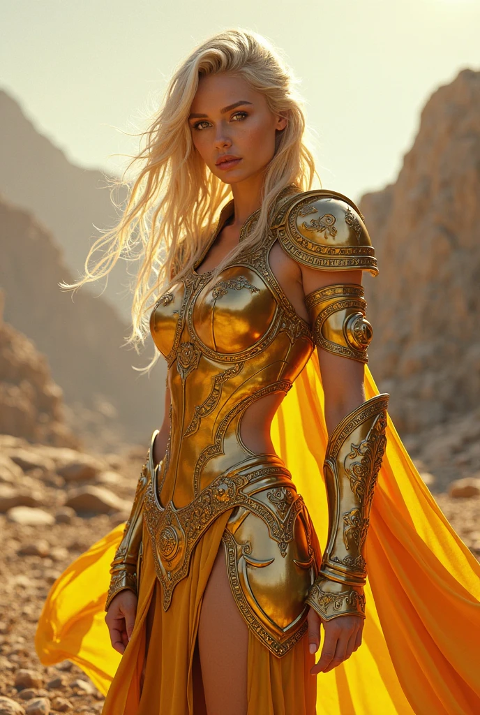(photorealism:1.2), woman, glowing in golden, wearing a golden metallic armour, long curly blonde hair, outdoors in forest, sunin background, fierce looking, battle pose, relaxed pose, realistic, intricate details, warm colors, gold eyes