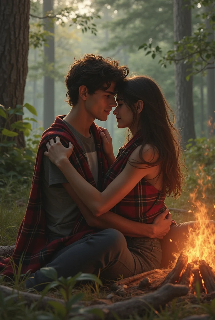 dramatic movie still, wide shot, setting is the amazon rainforest during heavy rain night. a pair of sibilings: Justin Russo, interpreted by David Henrie, and Alexandra 'Alex' Russo, interpreted by Selena Gomez, sleep together for protection. the siblings sleep together under an improvised makeshift burrow. there's heavy downpouring rain, it's a very cold night, it's a very damp wet night, dark night, grim night without moonlight, they are in the amazon rainforest. their bodies are glistening wet, their skin is wet, their hair is wet, their clothes are wet, a campfire is the only light source they have. the whole scene is only illuminated by the campfire. the fire casts flickering shadows on the leaves and tree trunks. the fire casts light on the sibling couple. the fire casts light on the glistening amazon rainforest foliage around them, Justin, short-haired, hugs Alex to his chest protectively, Alex, long-haired, glues herself to Justin's chest for comfort.