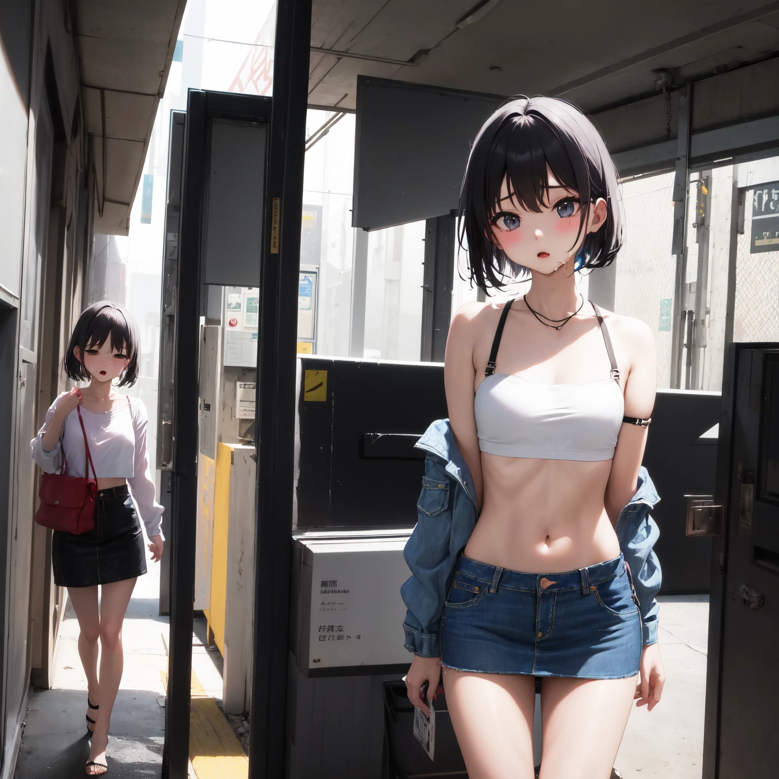 (masterpeace, high quality), three girls, petite, 15yo, teen, slim, fit, very small breast, topless, nipple, (colorful sports briefs), (selfie), in a clothing store, wide angle, soft light