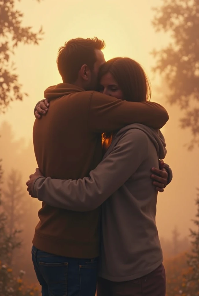 From the gap in the curtain,Watch a woman and a man kiss and hug on the side of the road,eventide,8k,