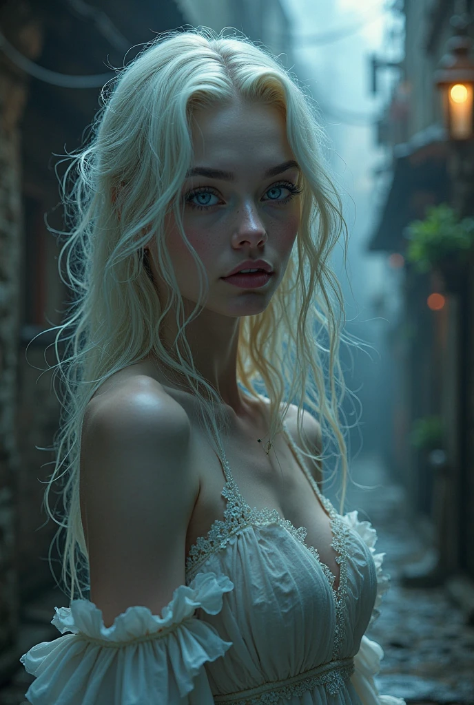 Woman, adolescent, blue colored eyes, White hair, very long hair, best qualityer, pale white skin.high resolution, slickedback hair, breastsout, Half moon earrings, cloused mouth, eyes open, eye white, flickering eyes, apocalypto, Surrealism, 真实感, ear, human