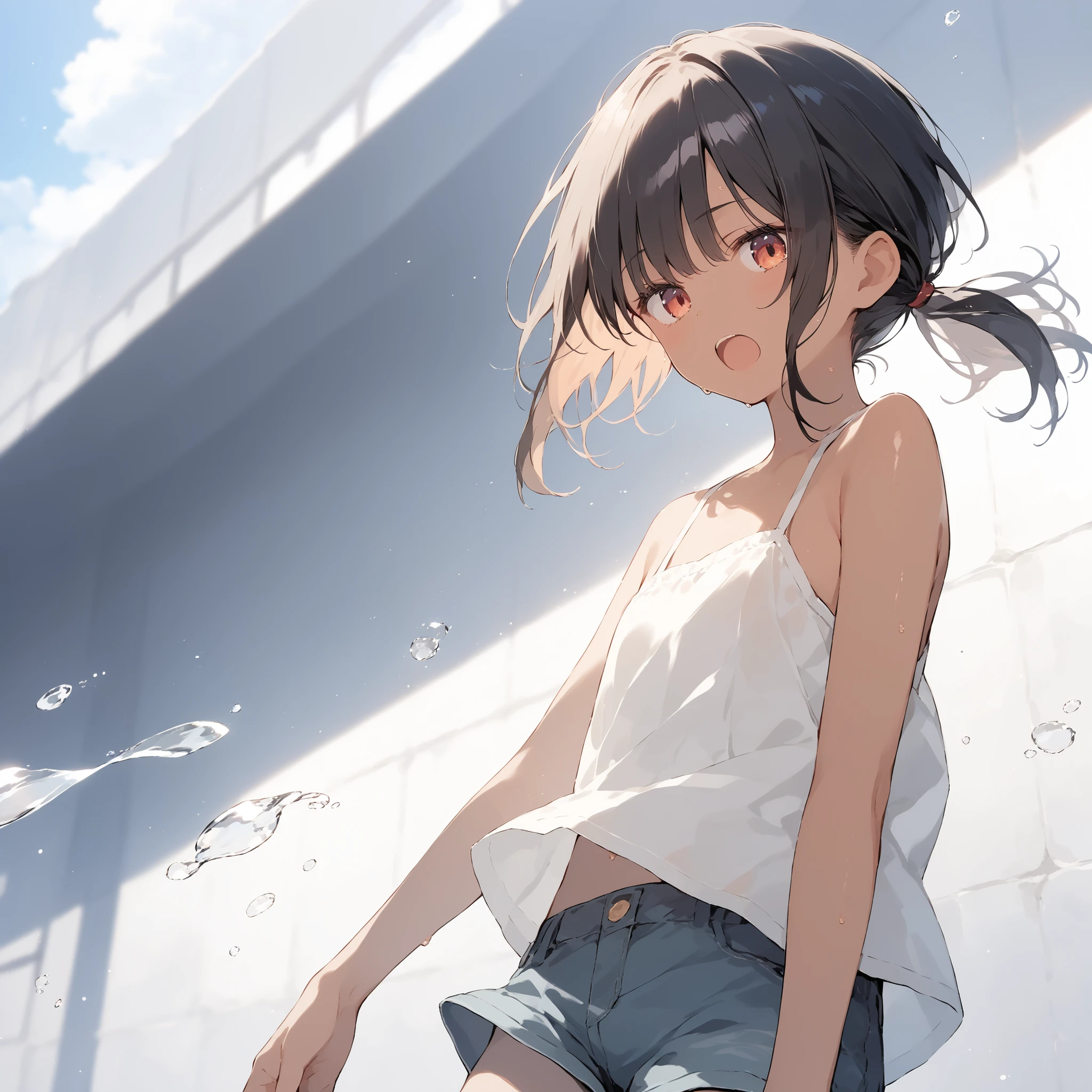 score_9, score_8_up, score_7_up, source_anime, best quality, masterpiece, official art, absurdres, highres, ultra-detailed,waifu2x,Collection: Slice of Life,break,1girl, tomboy, dark-skinned female, short hair, low ponytail, flat chest, beautiful detailed eyes, short shorts, sweat, open mouth, (yawn:0.3), sleepily, outdoors, wind,break,(clear line illustration:1.2), super detailed skin,very high resolution, very aesthetic, Best sexual lighting powered by famous artist, 8k,cute picture,beauty illustration,photoshop_(medium),,(Detailed Lighting),best anime 8k konachan wallpaper, pixiv contest winner,
