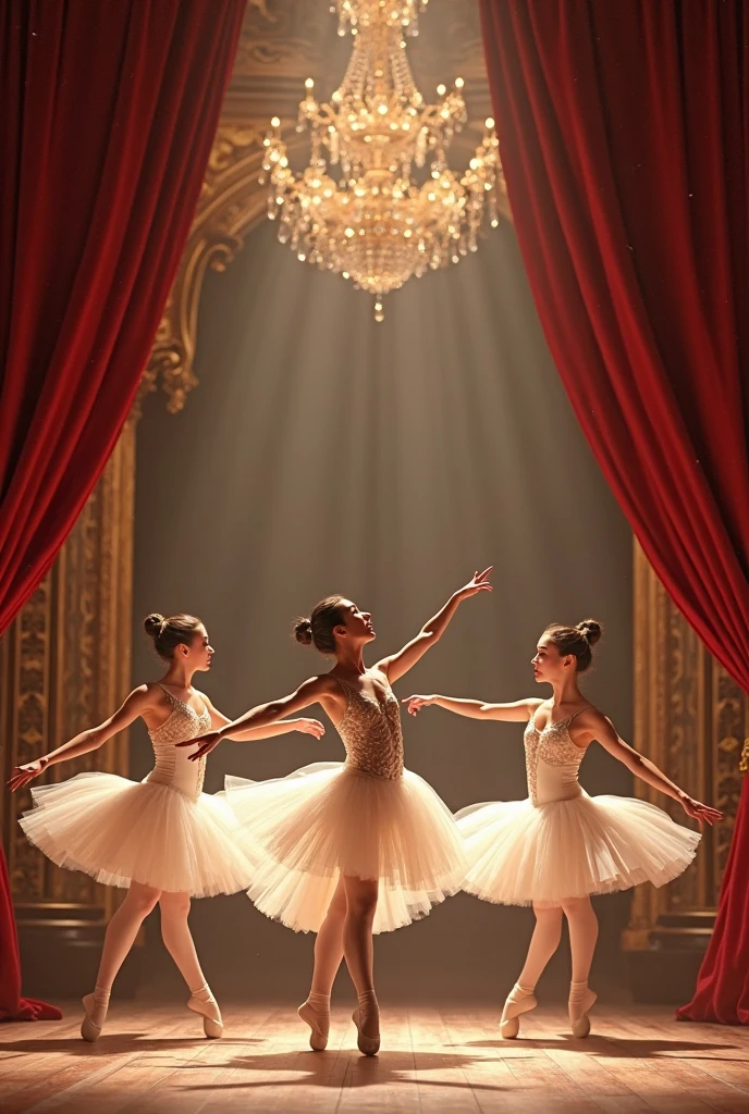 Three pretty, beautiful women perform an intensely synchronized dance in a large hall under a chandelier. The scene is grand and powerful, with dynamic shots capturing the energy and precision of their dance. Lighting includes flashing lights and dramatic color changes to enhance the dramatic effect.