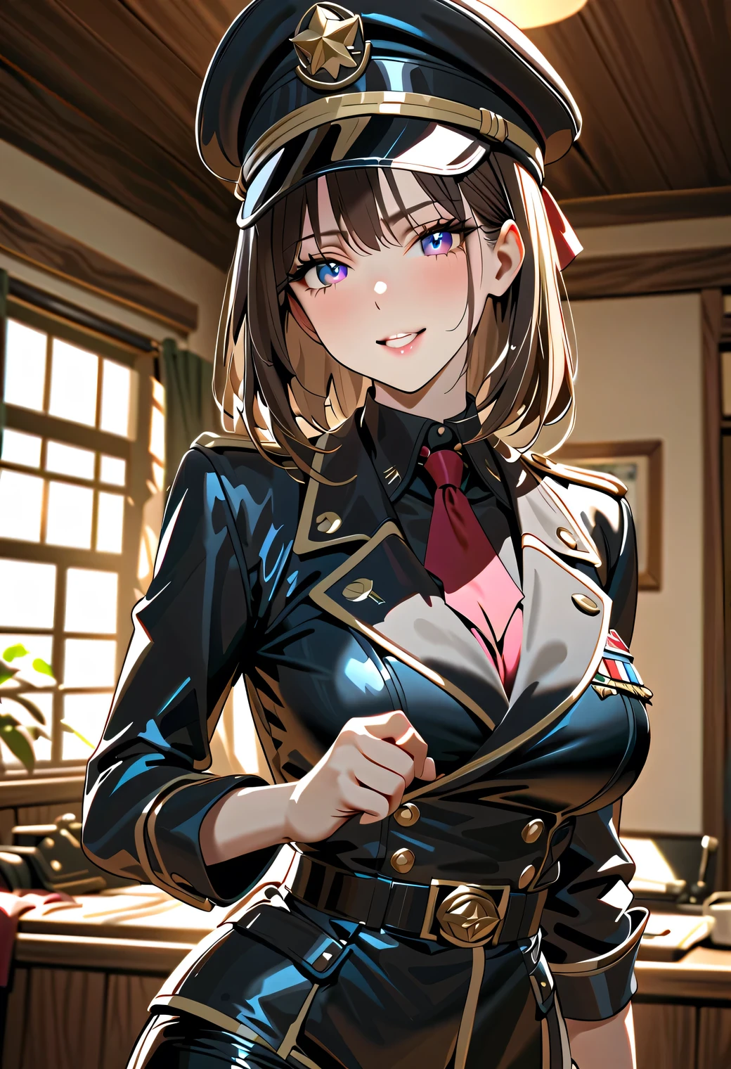 Female Instructor military uniform military hat dark haired It looks scary but it looks fun Atmosphere of Seduction tight leather mini skirt