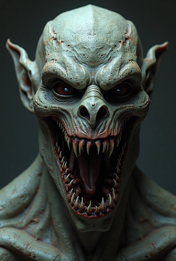 A demon with a huge but closed smile, with pointed teeth between black and yellow with black eyes, with an elongated white face without a nose that is too scary
