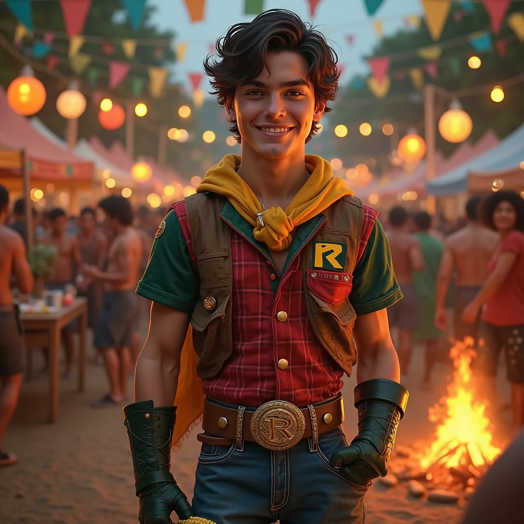 Garoto de 16 anos, de pele bronzeada, short and messy red hair, olhos amendoados. He wears a green jacket and pants and, em um dos seus pulsos, has a bracelet with several pendants in the shape of mythical animals. in your right hand, segura apoiando no ombro um guarda-chuva estilo katana.