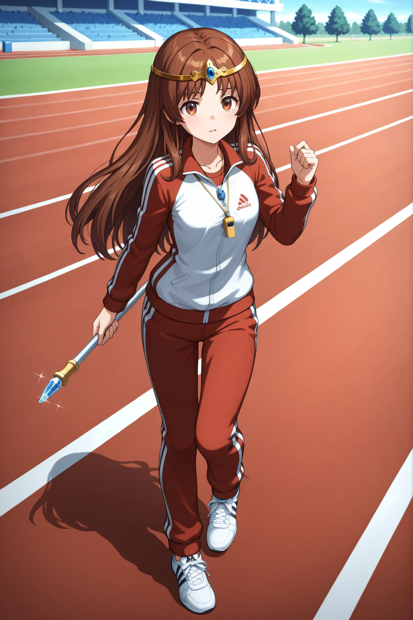 A priestess with long brown hair, wearing a gold circlet, an ADIDAS style track suit and whistle around her neck, holding a small rod with a blue crystal tip, standing outside on a running track, in full view in a highly detailed anime style