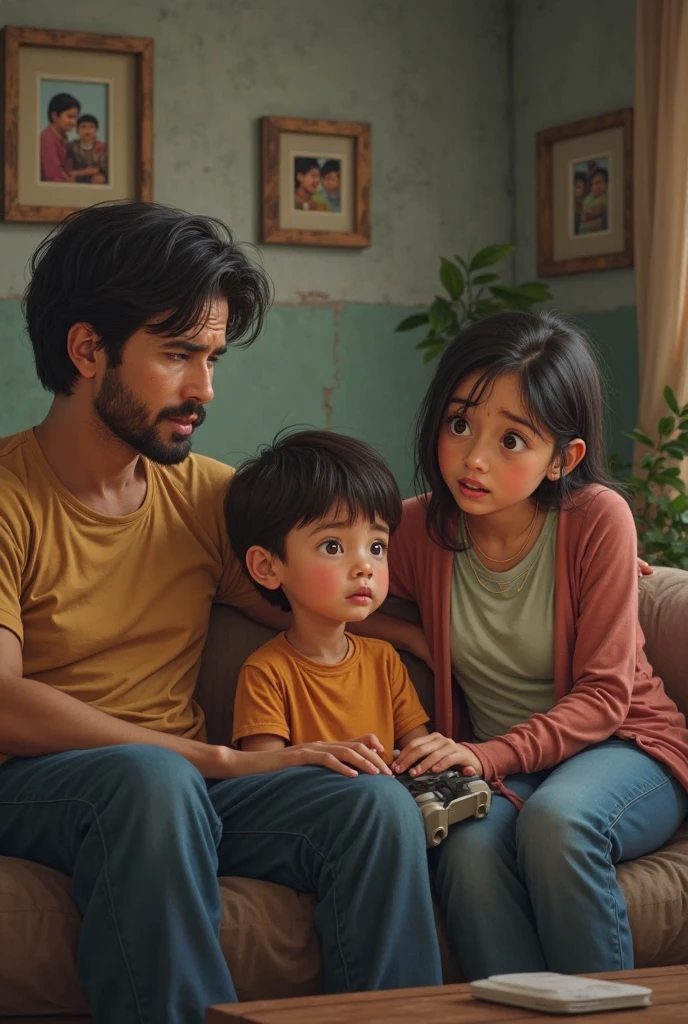 a 23-year-old father, a 22-year-old mother and two children;,um menino de 4 anos e uma menina recem nascida numa sala brincando --auto --s2
