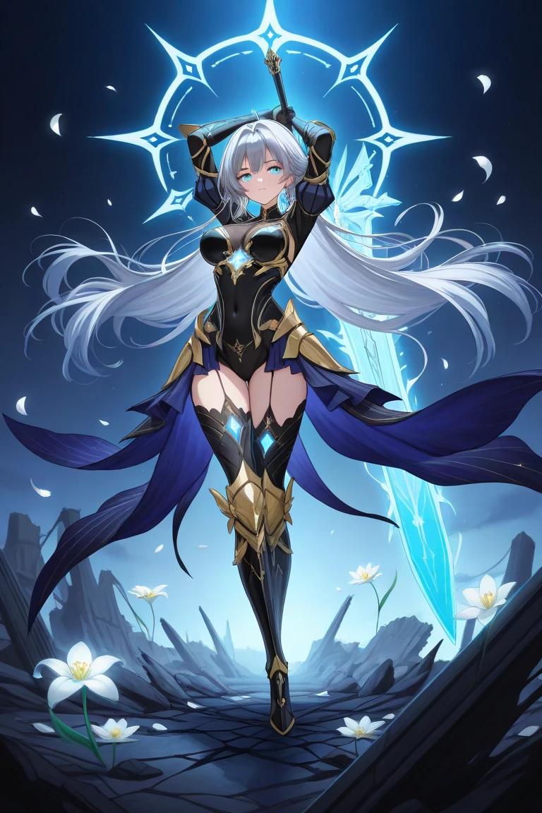 1 woman , elf, white skin, silver hair, glowing golden eyes, muscule body, full body armor, full body, dungeon background, closed body by armor, hold a spear and shield