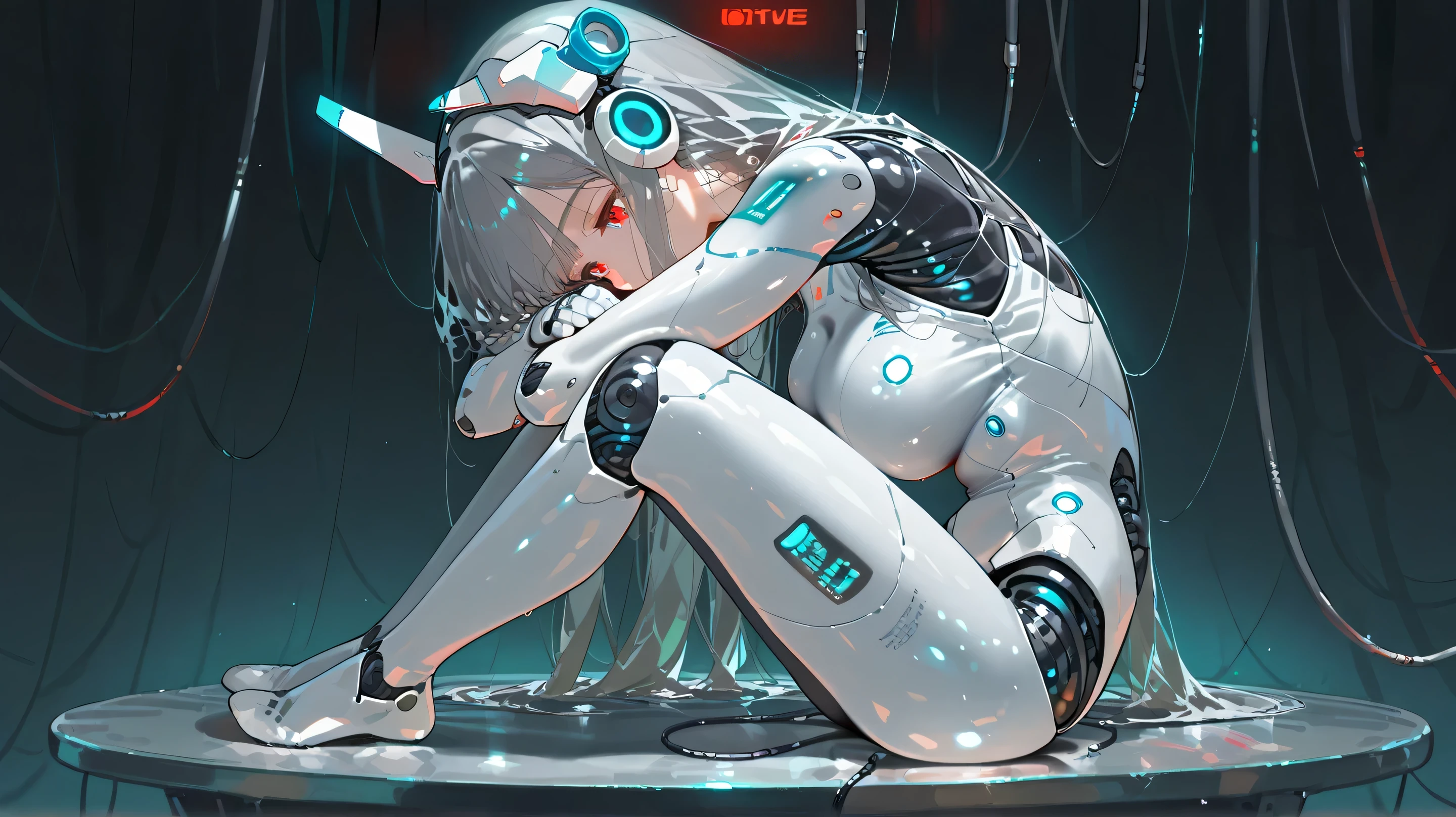 Cyberware, cybernetic lines, exposed mechanics, cable,cyborg, mechanical parts, robot joints,,nsfw, female head,long hair,cyborg style,cyborg,JK, soft large breast,master piece,best quality,ultra detailed,ultra hires,8k,beautiful detailed face,beautiful detailed eyes,cinematic lighting, good_hands,breasts, 1girl, shock, noticing, looking down in shame, craving, robot ears
, from behind,legs closed
Scene: a woman sitting in a fetal position on a metal table, looking down lamenting a loss, arms crossed,arms crossed over knees, frowning,
Atmosphere: Android, neon, future, thin lines, no skin color
view from side, viewed from side
viewed in background: flickering status screens, cables, machines, red light