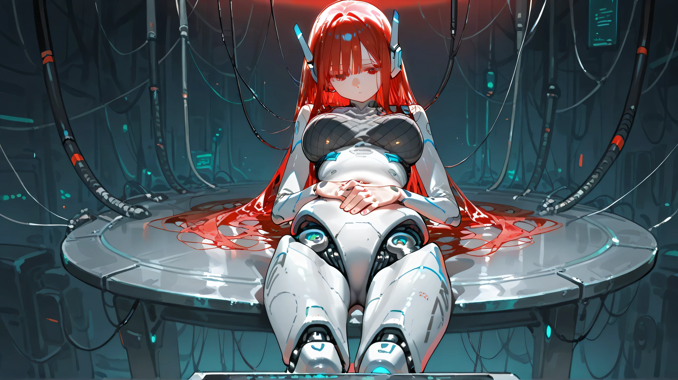 Cyberware, cybernetic lines, exposed mechanics, cable,cyborg, mechanical parts, robot joints,,nsfw, female head,long hair,cyborg style,cyborg,JK, soft large breast,master piece,best quality,ultra detailed,ultra hires,8k,beautiful detailed face,beautiful detailed eyes,cinematic lighting, good_hands,breasts, 1girl, shock, noticing, looking down in shame, craving, robot ears
, from behind,legs closed
Scene: a woman presenting her crotch sitting on a metal table to the viewer, looking down lamenting a loss, inspecting crotch, frowning, one hand on belly, one behind back
Atmosphere: Android, neon, future, thin lines, no skin color
view from above and side, viewed from side
viewed in background: flickering status screens, cables, machines, red light