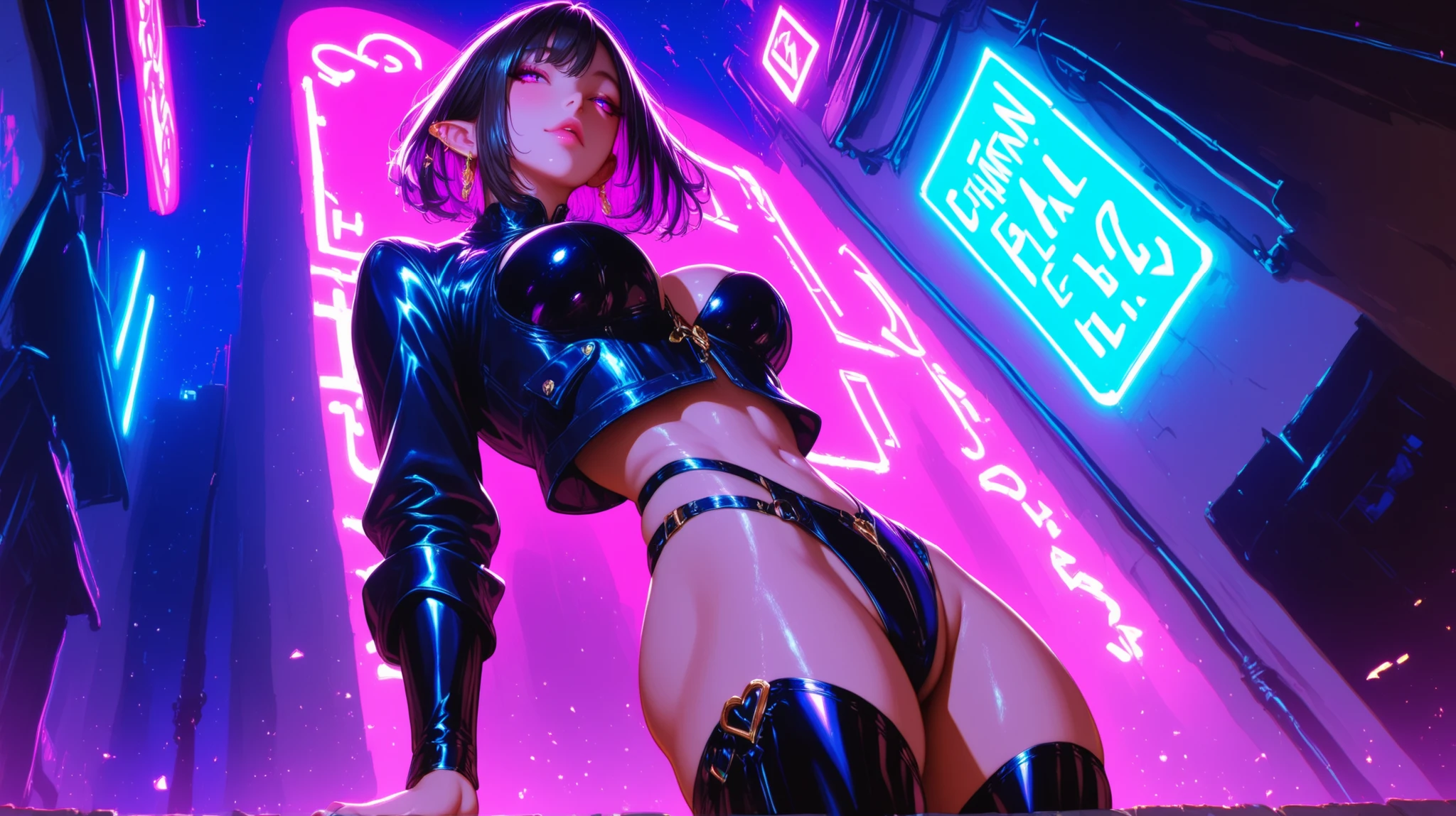 { 1woman and 1man, Having (SEX:2) ,At the disco club lounge, Indoor, Night, cyberpunk theme }, { The girl is (sitting in the couch）, Spread legs:1.8), (A guy is rubbing his thick bulge on a girl:1), ((Seen from below)) }, { (masutepiece:1.3), (Best Quality:1.3), (photographrealistic:1.9), (8K resolution:1.3) }, { Shallow depth of field, (godrays:0), (neon colored side lights:1.6), (Soft Diffuse Lighting:1.8), (lowkey:1.6) }, { That girl is beautiful 22 years old, (Mouth open:0), (Tongue out:1), (horns grow:0), (Smiling:1), ((wide eyed:0), (Shiny skin:1), (Slender body:1), Colossal tits, (Tight abs), (Perky nipples:0), (Bery short hair:1), Wet }, { Wearing, Black jacket, Black shorts, Black boots}
