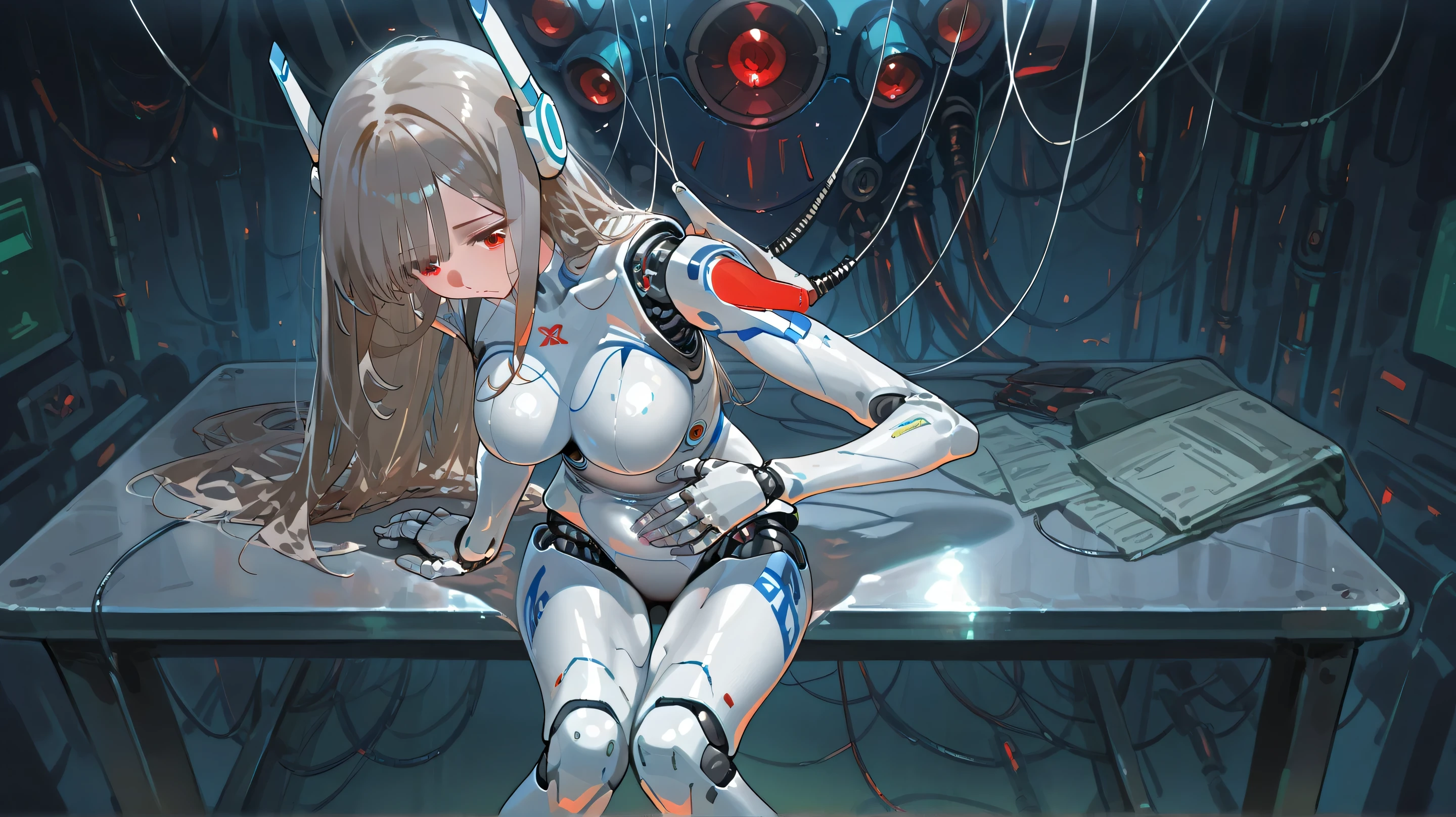 Cyberware, cybernetic lines, exposed mechanics, cable,cyborg, mechanical parts, robot joints,,nsfw, female head,long hair,cyborg style,cyborg,JK, soft large breast,master piece,best quality,ultra detailed,ultra hires,8k,beautiful detailed face,beautiful detailed eyes,cinematic lighting, good_hands,breasts, 1girl, shock, noticing, looking down in shame, craving, robot ears
, from behind,legs closed
Scene: a woman presenting her crotch sitting on a metal table to the viewer, looking down lamenting a loss, inspecting crotch, frowning, one hand on belly, one behind back
Atmosphere: Android, neon, future, thin lines, no skin color
view from above and side, viewed from side
viewed in background: flickering red status screens, cables, machines, red light