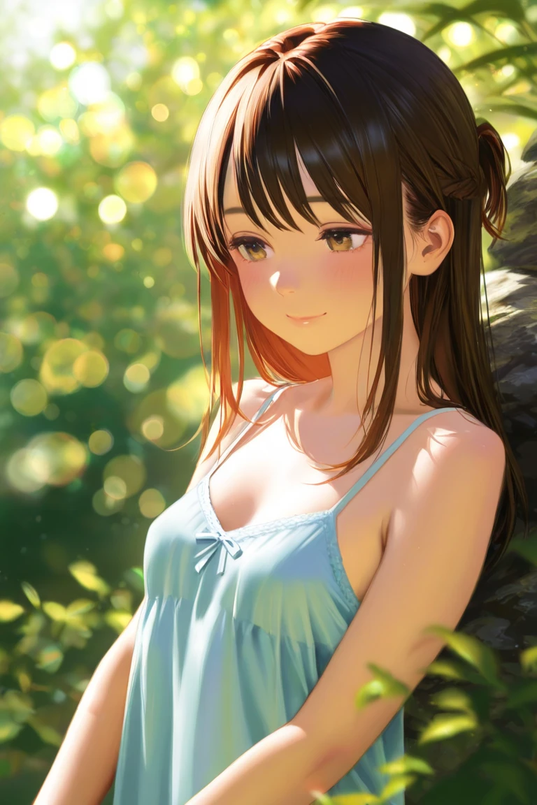 1girl, solo, beautiful girl, brunette skin, blue eyes, detailed anime style, perfect anatomy, perfect hands, narrow waist, medium breasts, long hair, brown hair, high ponytail, asymmetrical bangs, blue eyes, detailed eyes, blush, emerald earrings, orange top, denim shorts, bare arms, bare shoulders, smile, standing, perfect hands, arm up, woods, cabin, sunset, orange sky, clouds, outdoors, high quality, high resolution, from behind, ass, back, looking at viewer