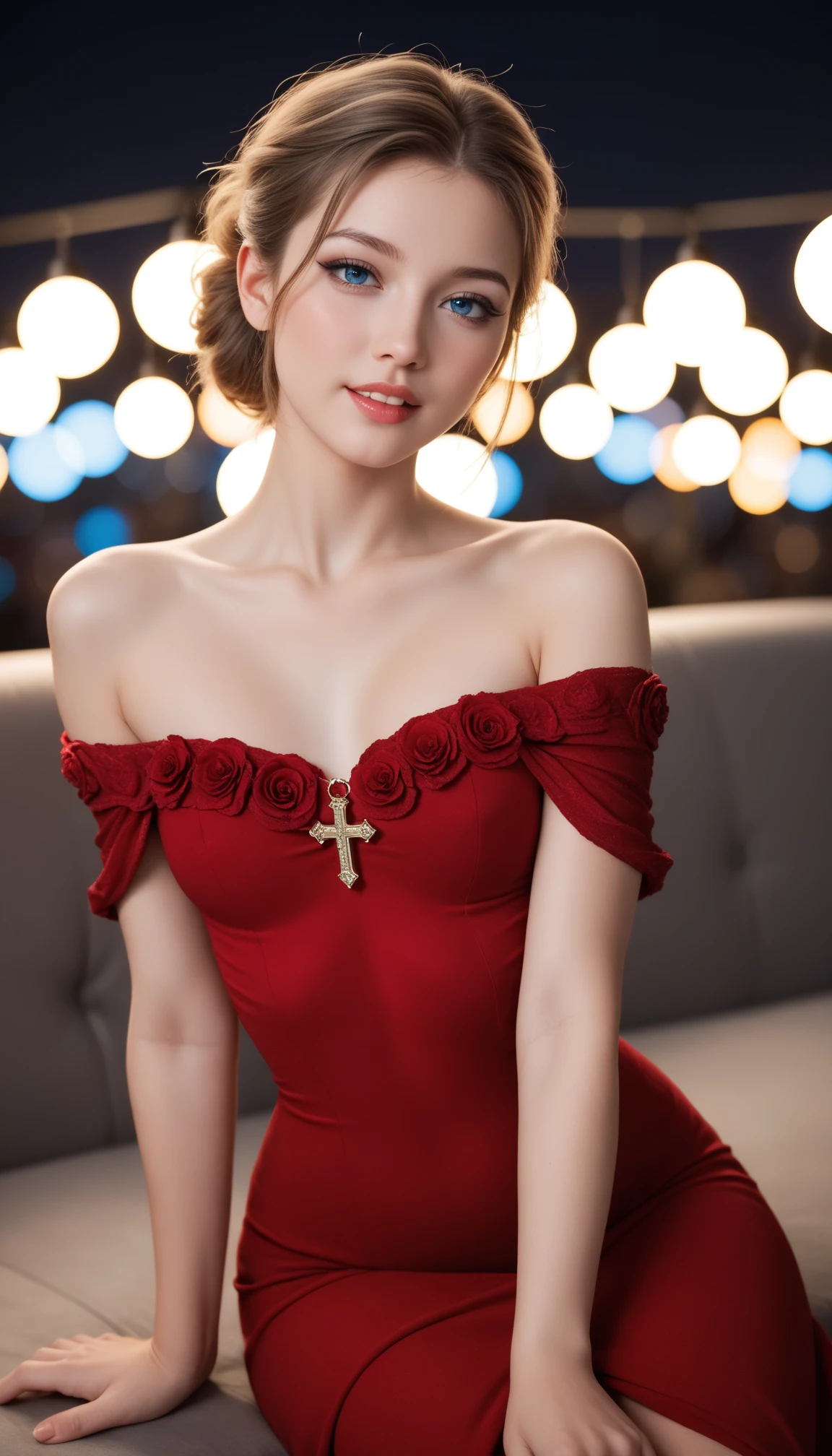 (top-quality), Realistic, (real picture, Intricate details, depth of field), highly-detailed, detailed skin, ((wearing red see-through dress on naked, halter neck, lace)), (((small chest:1.3))), (parted lips, looking away), (teenage Japanese Girl sitting in large church), (long silver hair, one-length hairstyle, flower hair ornament:1.2), fair skin, Stained glass, hard lighting