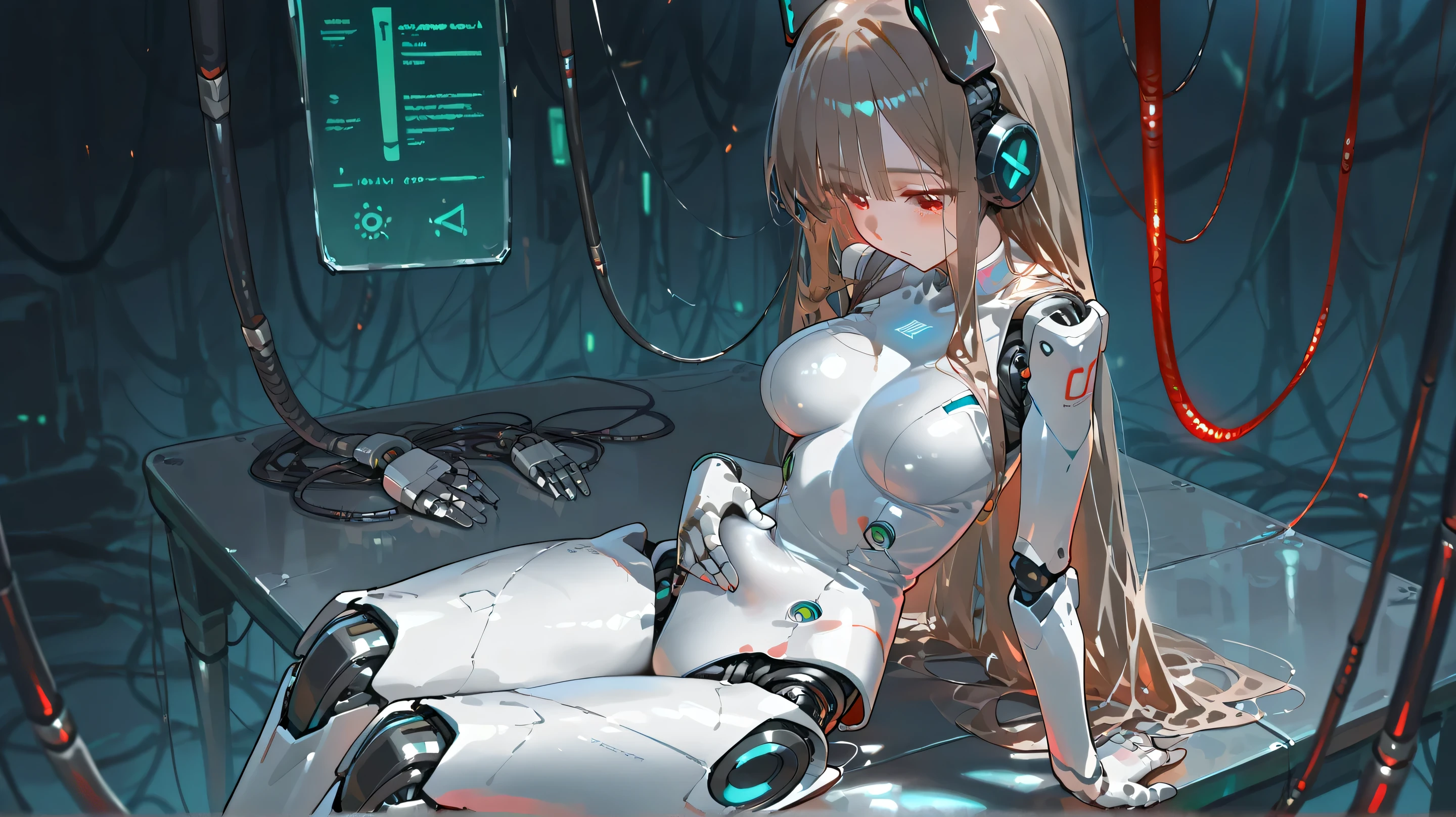 Cyberware, cybernetic lines, exposed mechanics, cable,cyborg, mechanical parts, robot joints,,nsfw, female head,long hair,cyborg style,cyborg,JK, soft large breast,master piece,best quality,ultra detailed,ultra hires,8k,beautiful detailed face,beautiful detailed eyes,cinematic lighting, good_hands,breasts, 1girl, shock, noticing, looking down in shame, craving, robot ears
, from behind,legs closed
Scene: a woman presenting her crotch sitting on a metal table to the viewer, looking down lamenting a loss, inspecting crotch, frowning, one hand on belly, one behind back
Atmosphere: Android, neon, future, thin lines, no skin color
view from above and side, viewed from side
viewed in background: flickering red status screens, cables, machines, red light