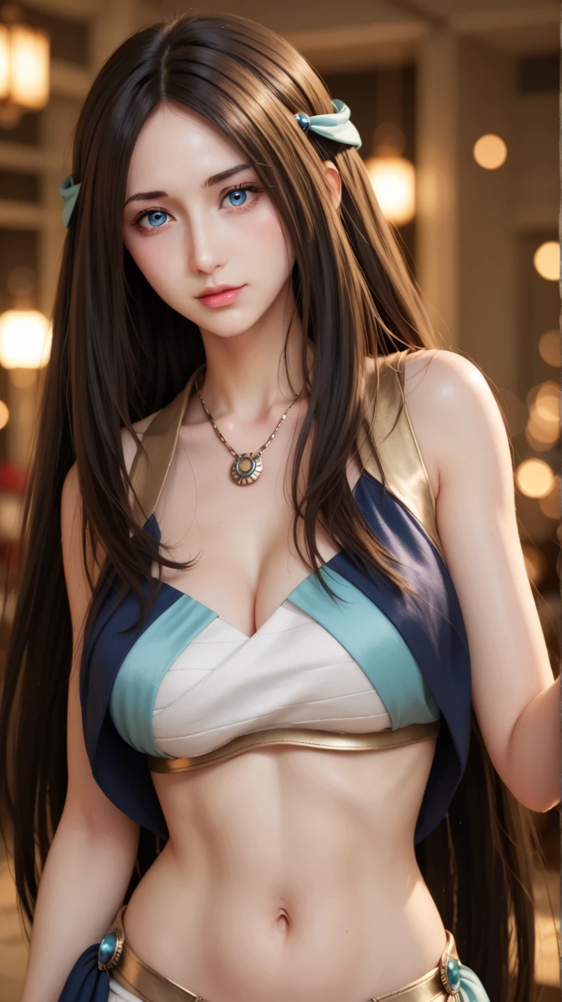 Tifa_purple dress,FF7R style, Tifa lockhart, 1 girl, thick lips, raise your arms, armpit, artist name, black hair, chest, red eyes, cleavage, closed mouth, clavicle, cowboy shot, earrings, jewelry, large chest, lips, long hair, low-tied long hair, indoor, skirt, smile, alone, Stomach, Upper body, ((masterpiece))