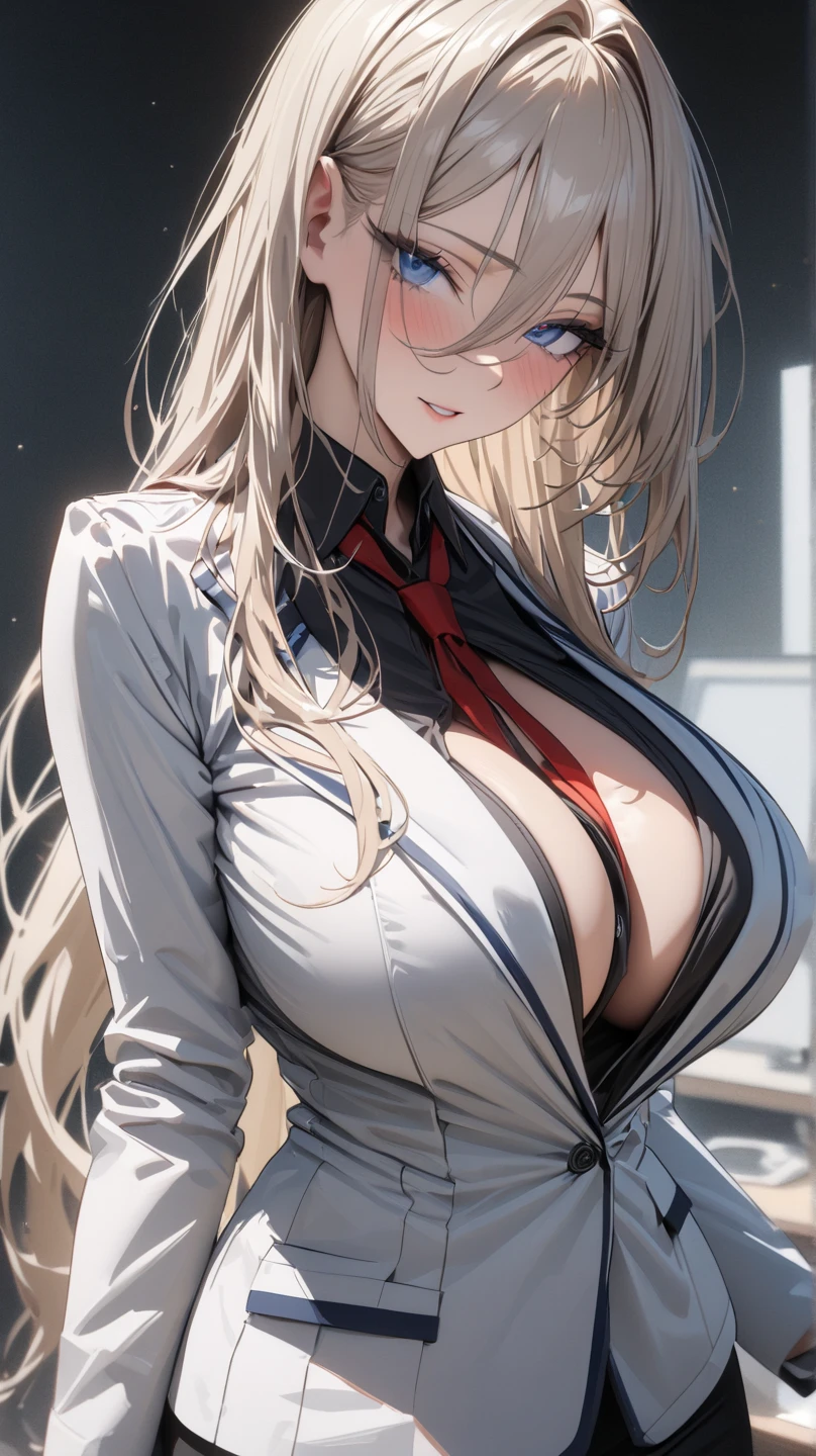 russian mafia、Blonde Hair、Long curly hair、Tie your hair up、Red suit、Dress shirt、Holding a Tokarev、Scar on cheek、Blue Eyes、Eyes are fixed、ambition、fear、Angry、Luxury hotel interior、Highest quality、Older woman、Cleavage