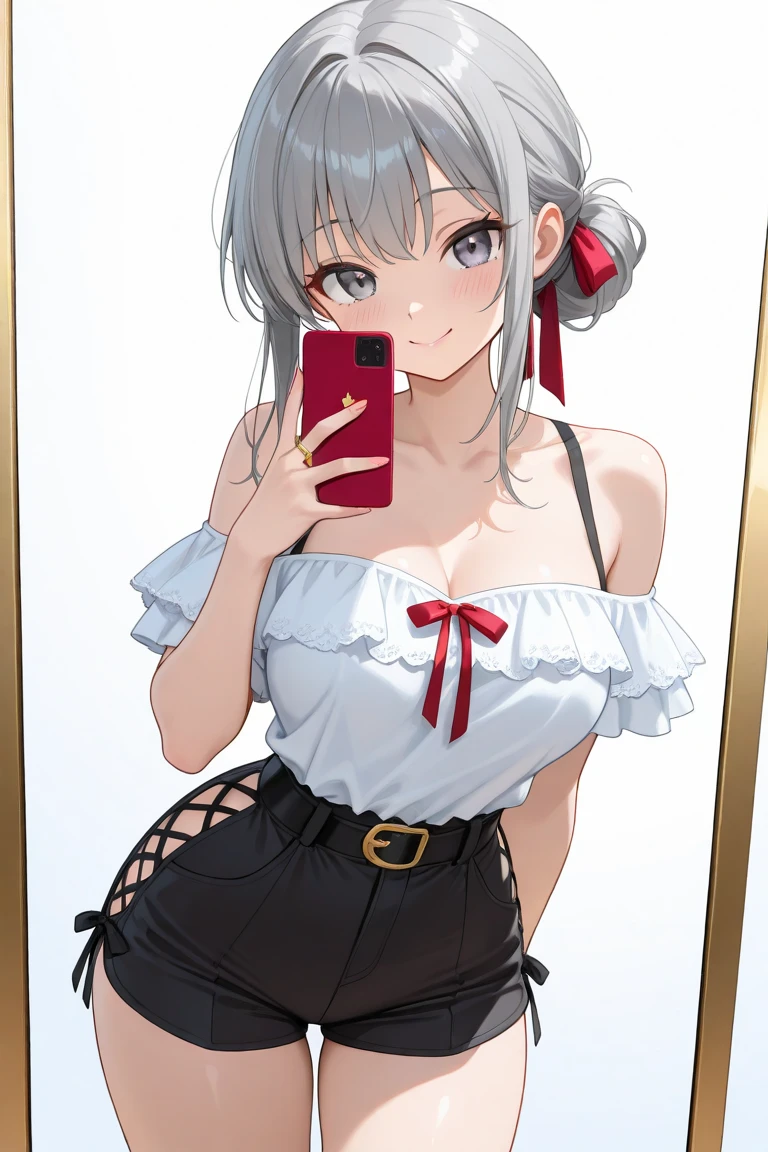 masterpiece, best quality, high resolution, extremely detailed, detailed background, cinematic lighting, 1girl, looking at viewer, <lora:Counter side未來戰-Noel:1>, original outfit, phone, necktie, gloves, cellphone, selfie, smile, holding phone, jacket, holding, black gloves, indoors, sleeveless, smartphone