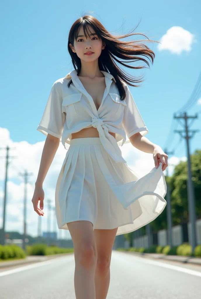 Best Quality, Masterpiece, 1 Girl, Beautiful Face, (Photo Realistic:1.3), Edge Lighting, From Under, (High Detail Skin: 1.2), 8k Ultra HD, DSLR, High quality, High resolution, 4K, 8K, Bokeh, Ridiculous, Best Ratio Four Fingers and One Thumb, (Realistic: 1.3), Cute 1girl, Huge Tits, Super Short White Pleated Skirt, Super Big Ass Up, Cocked Astocks, Beautiful Buttocks, Nudity, From Below, Outdoor, Sky