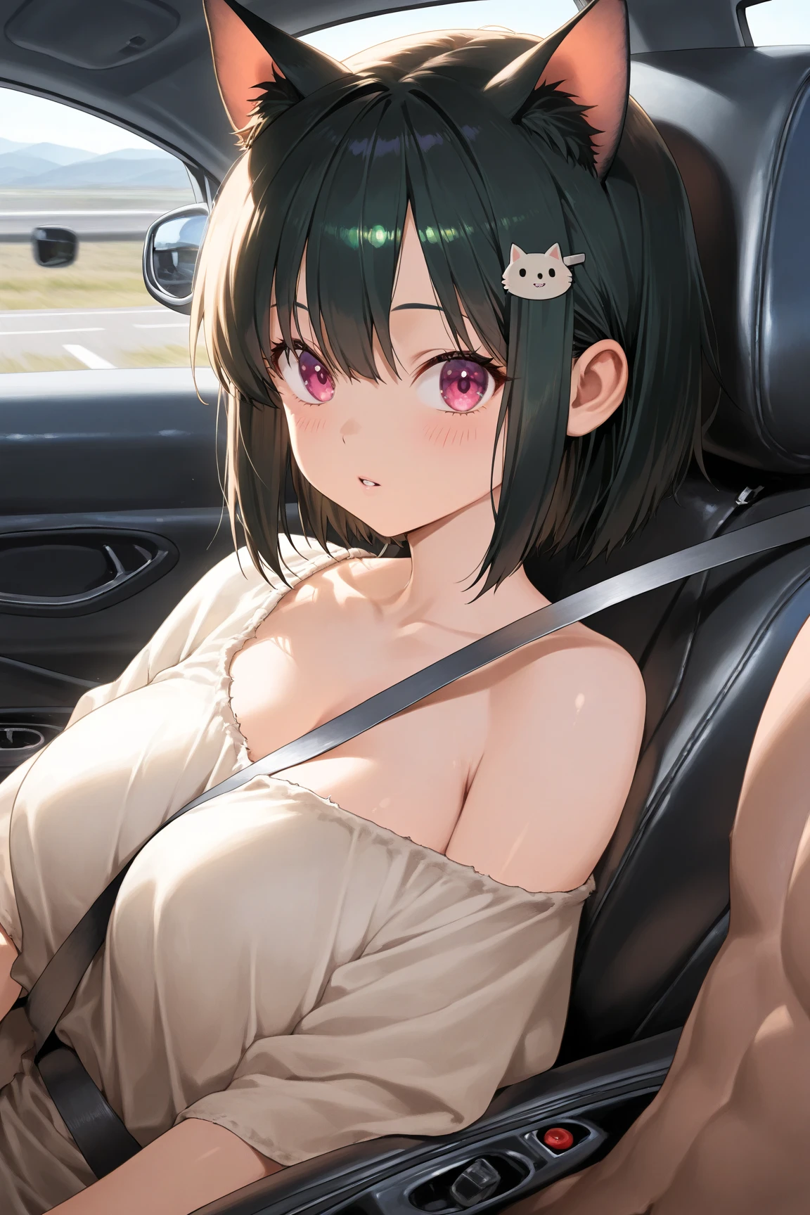(masterpiece, highest quality, super detailed) ,, (pointed chest), short hair, black hair, ,big breasts, protruding chest, (huge breasts:1.2), raised, Wet , Sweat, , beautiful face, Big eyes, cute, cute, fog, , ,,
(pink bra:1.3), pink panties, inside the car, sitting, 後部座席にsitting, , slim, cameltoe, , (anime:1.2),
