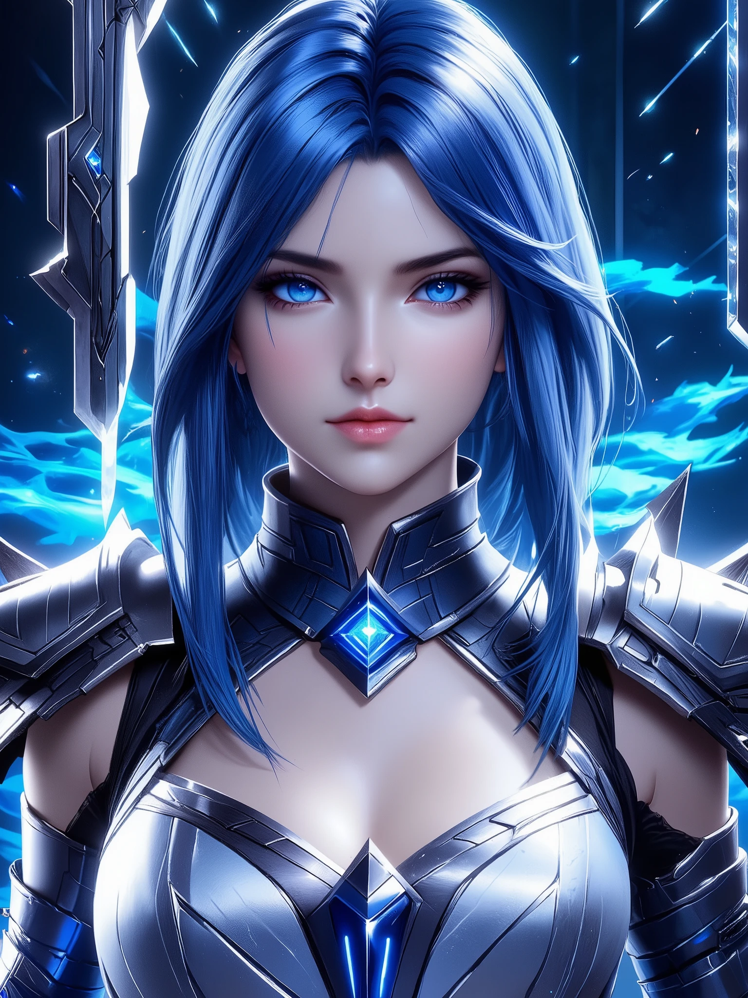 A fantasy character dons intricate blue armor that accentuates her form. The central focus includes a metallic breastplate that features elegant silver patterns and a luminescent blue gemstone at the center, reflecting a mystical aura. Her attire is complemented by a matching choker and shoulder pieces adorned with ornate silver and crystal designs, enhancing the regal appearance. Flowing behind her, long strands of vibrant blue hair cascade gracefully, adding to her ethereal look. The character’s crown, set with sharp, pointed blue crystals, elevates her presence and suggests a status of royalty or power. The background showcases ancient stone ruins, which provide a fitting backdrop with their rough, weathered texture, hinting at a world of fantasy and adventure. The overall mood is one of strength and elegance, evoking a sense of mystical grandeur.