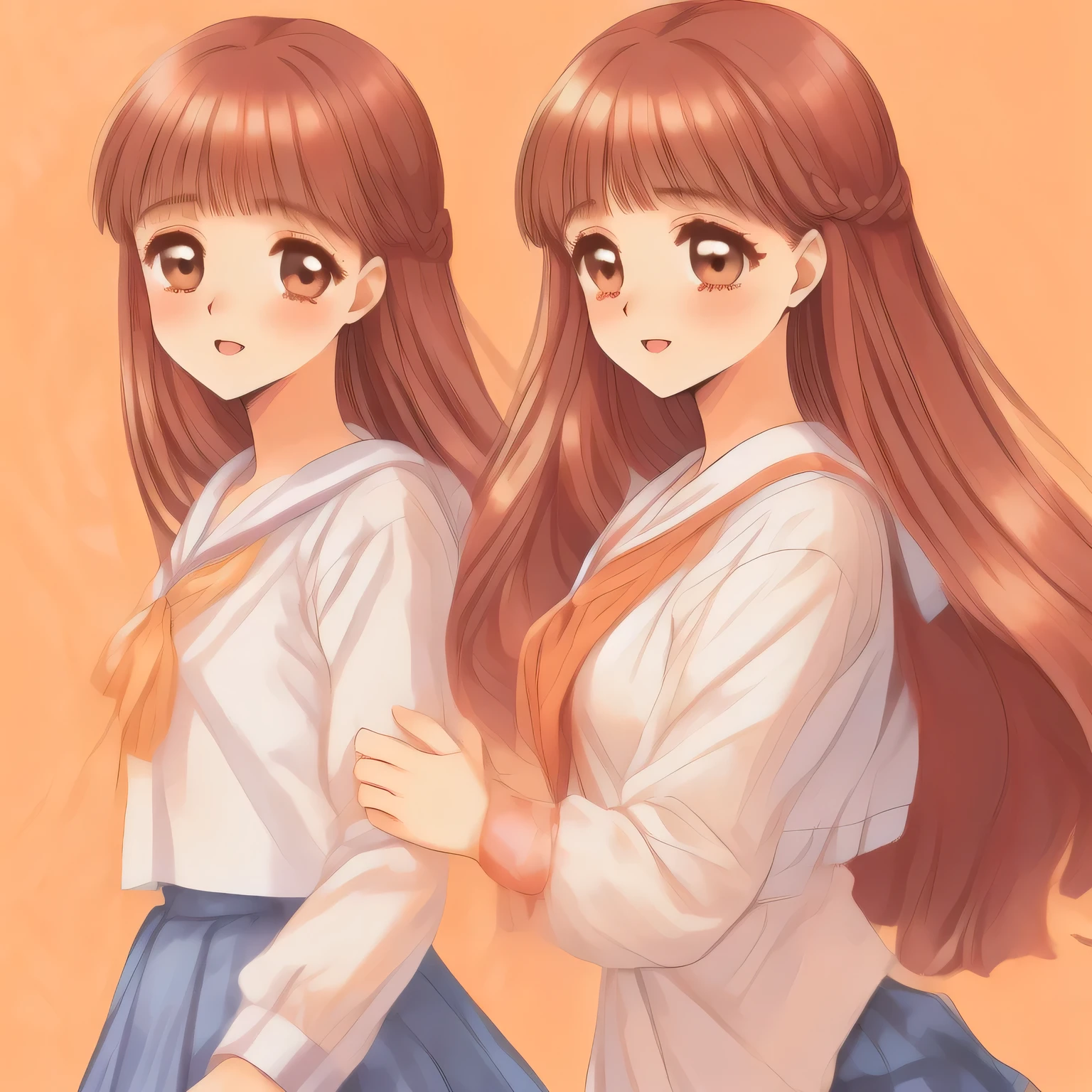 (highest quality, masterpiece:1.5), highest quality, High resolution, 1080p, 8K, (Too beautiful, neatest 成長した大道寺知世と桜木舞, Girl's love-story comic heroine, ((Too much beloved)) noble grown beautiful beautiful lady with detailed, 清楚なお嬢様学校への楽し気な登校風景, controlling my mind and heart by her charm and uniform and skirt, telling me sweetest hypnotizing words, understands my deep hidden desire very well with her profound intelligence, giving too much pleasure to my sensitive one: 1.4), (laughing white face with unreal angelic beauty, overflowing with translucence: 1.0), ((Neatest navy sailor-style uniform and ((navy middle length plaid skirt)): 1.8)), (Too beautiful dreamy eyes and neatness charm me), (Plain light-orange-color background with many white lovely marks, clearly detailed foreground: 1.9), ((purity and neatness is very impressing): 1.8), (focus on her long hair and neat style, from side: 1.9), (Beautiful blue eyes), (shiny pink super-long wavy hair, braids-half-up), (golden ear accessories and pendant), (Diamond rings)