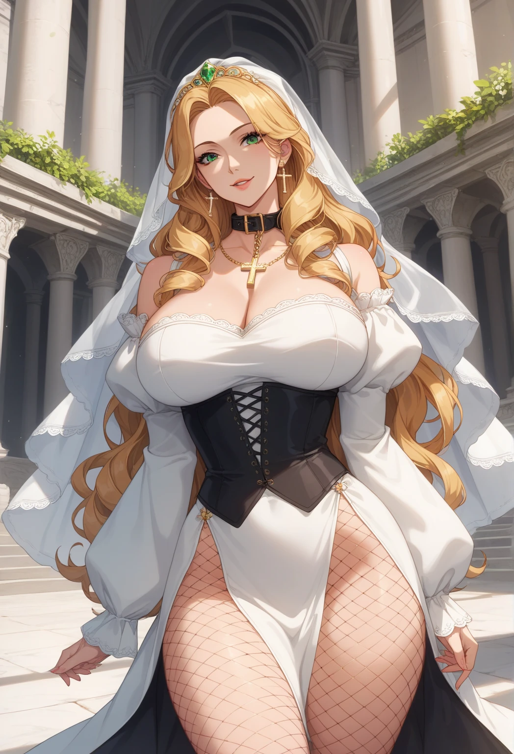best quality, masterpiece, upper body, adult woman, (light smile:0.6), braided blonde hair, (big boobs:1.5), aquamarine eyes, sexy, thick thighs, wide hips, see-through open gown, (masterpiece:1.2, best quality), realistic, (real picture, intricate details, depth of field), (1girl, solo), make up, noble, (aristocratic long skirt:1.3), elegant, blush, Dignified, proud, confident, (white and glossy skin), Gorgeous and varied jewelry, mature, married,(sightly rounded:1.2), fat, 