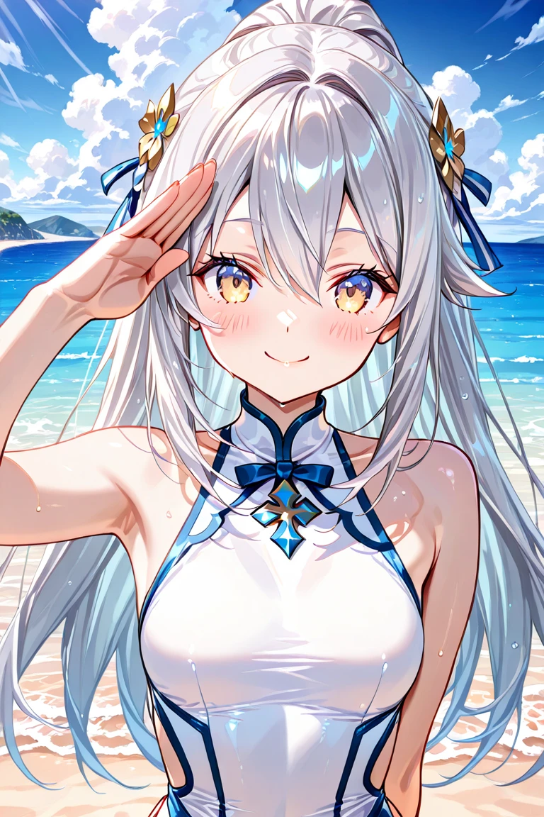 /ph bronya, 1girl, solo, jewelry, earrings, long hair, grey hair, drill hair, grey eyes, bay, ocean, bikini, arms up,