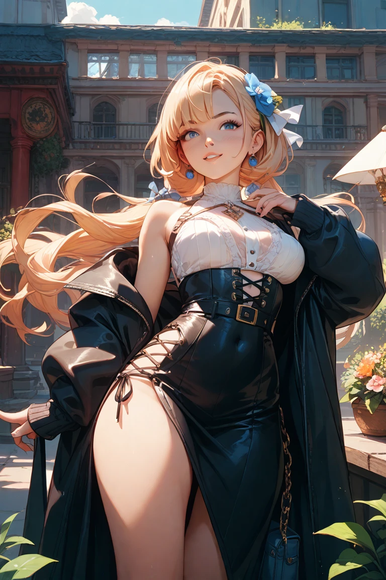 AlphaNDV, 1girl, blonde hair, blue eyes, large breasts, very long hair, elf, pointy ears, anatomically correct, breasts, sweat, solo, boots, leotard, blurry_background, long sleeves, off shoulder, bra, navel, layered skirt, butterfly hair ornament, large_breasts, arms_up, spread_legs, blush, armpits, high_heels, cleavage, bound, dutch_angle, "Photorealistic, Hyperrealistic, Hyperdetailed, analog style, soft lighting, subsurface scattering, realistic, heavy shadow, masterpiece, best quality, ultra realistic, 8k, golden ratio, Intricate, High Detail, film photography, soft focus", sweating, steaming body, fog, (3d, realistic:1.4), sweating, pussy peek