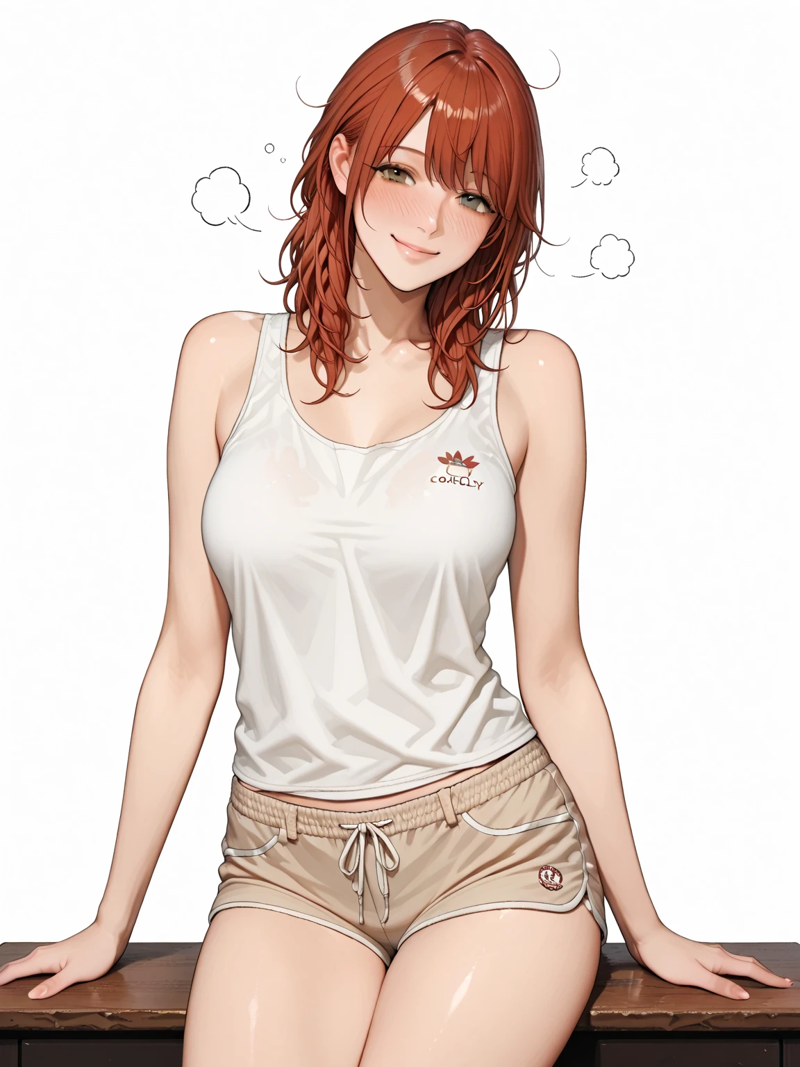 20 year old female, long orange hair, messy hair, ponytail, perfect eyes, perfect blue irises, perfect pupils, thick thighs, oversized shirt, black shorts, many ear piercings, eating popsicle, sweaty, blushing smile, apartment kitchen, otaku, standing in front of sink, highly detailed, best detail, best hands, right forearm tattoo, perfect tattoo, perfect hands, perfect fingers, perfect anatomy
