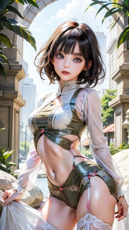 highest quality,masterpiece,High resolution,(beautiful face),looking at the viewer,Are standing,((Half body)),((White vest)),((black leather skirt)),gloved hands,right arm hanging down